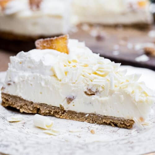Slice of White Chocolate Ginger Cheesecake on a plate