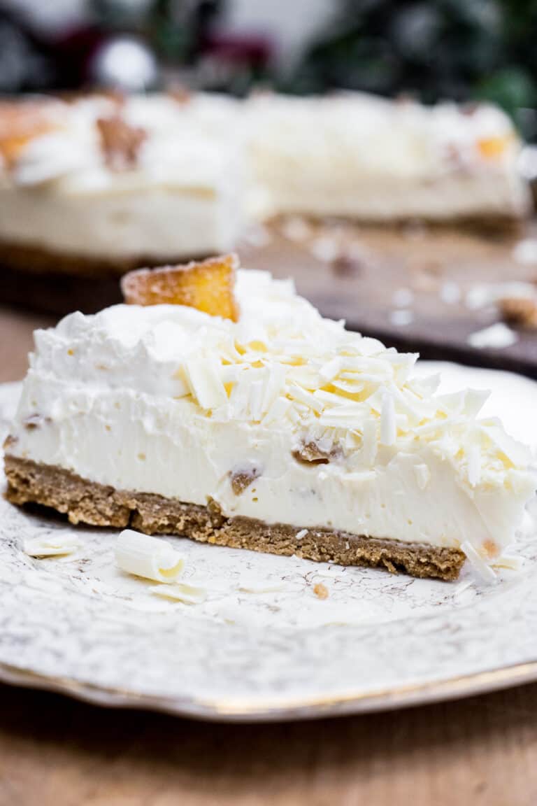 Slice of White Chocolate Ginger Cheesecake on a plate