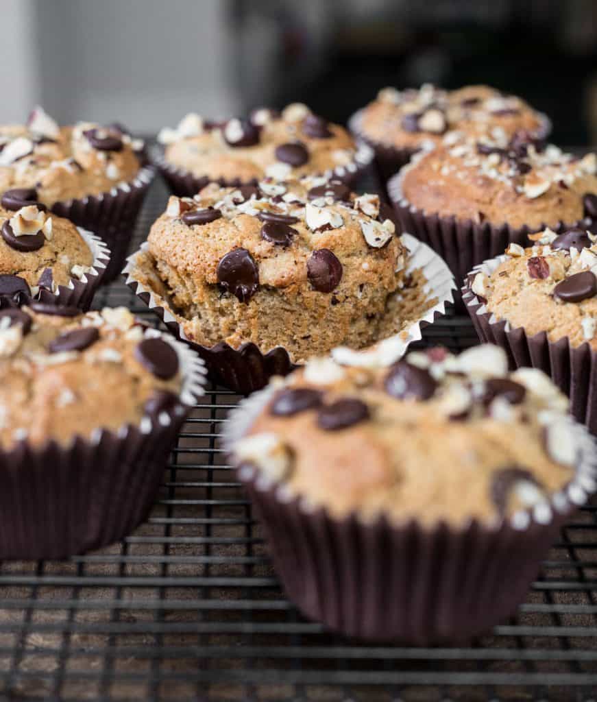 Gluten-Free Banana Chocolate Chip Muffins on a wire rack