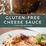 Pin image of Gluten-Free Cheese Sauce in a saucepan on a wooden board