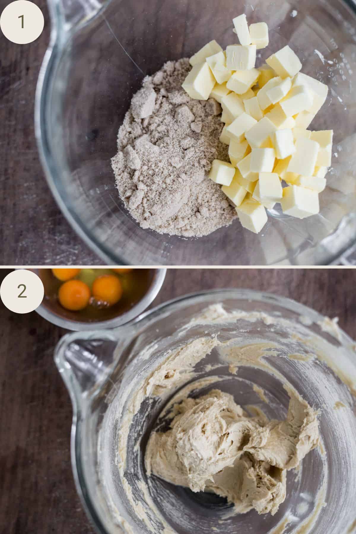 butter and sugar creamed in mixing bowl.