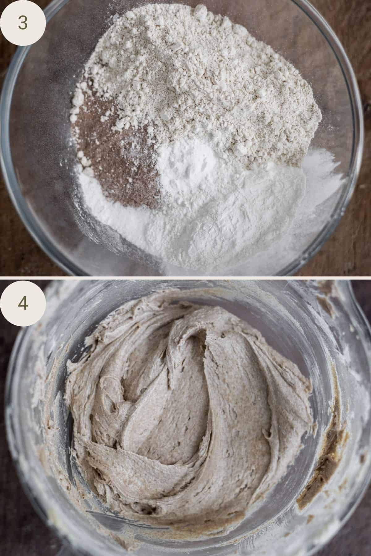 gluten-free flours mixed in bowl and then added to the rest of the batter until smooth.