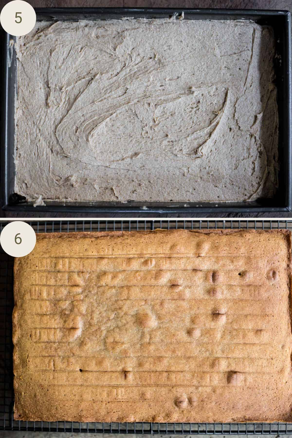 Caramel cake in baking tin before and after baking.