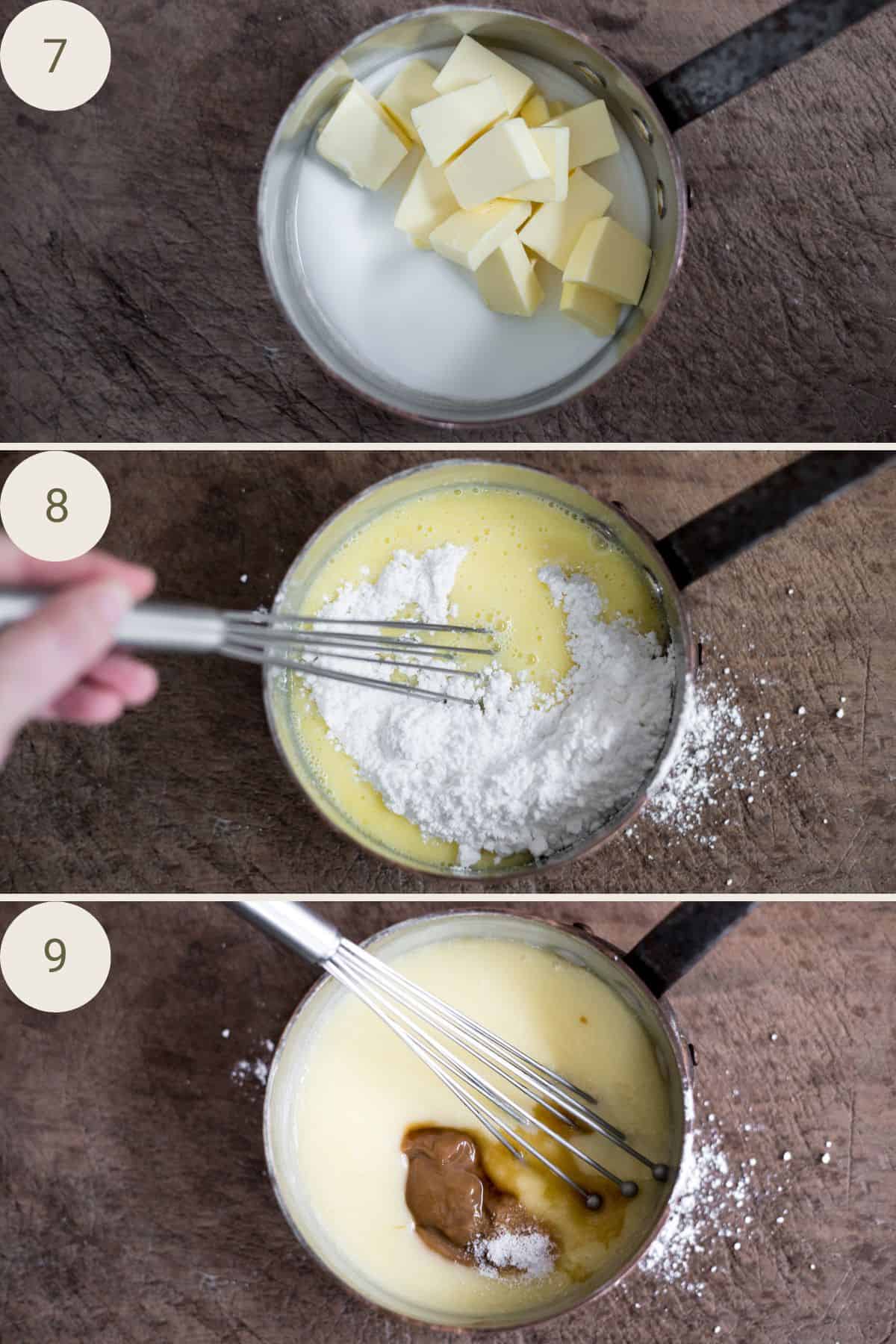 making caramel in small saucepan. butter added to milk, flour added then caramel added.