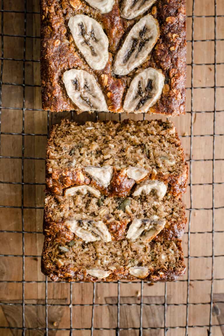 sliced banana oat bread on wire rack