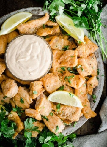 Salmon Nuggets on a plate with dipping sauce