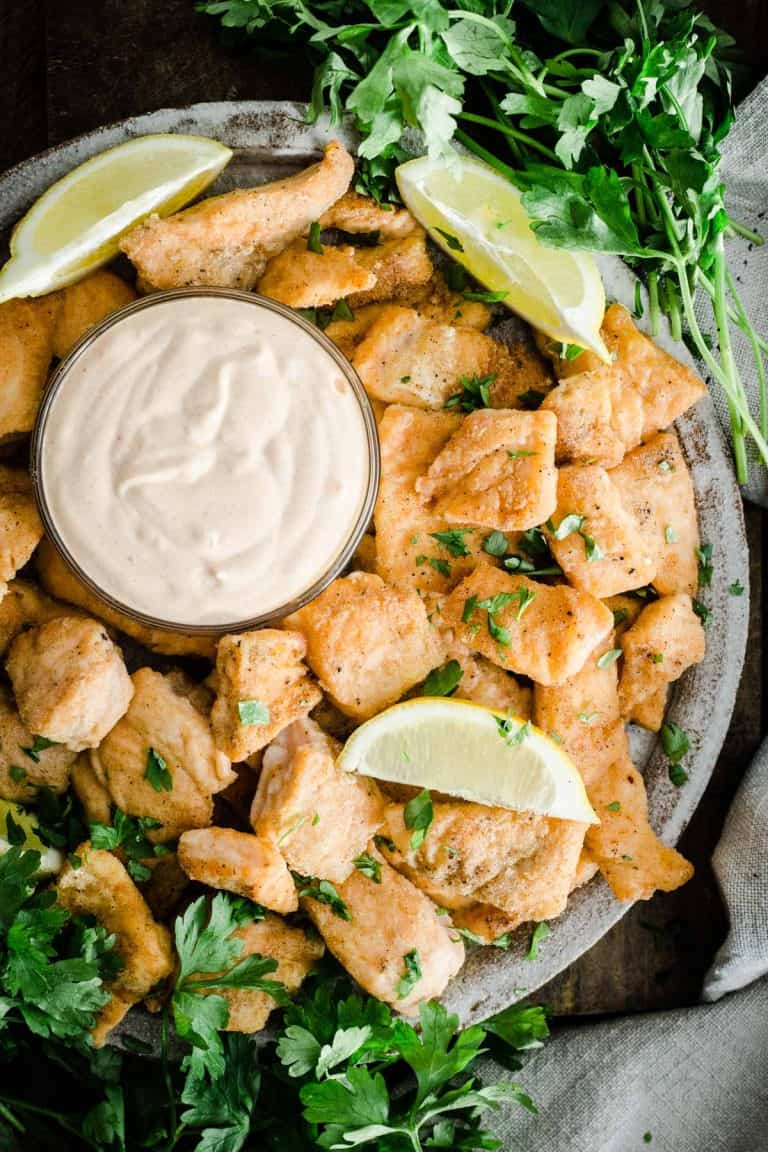 Salmon Nuggets on a plate with dipping sauce