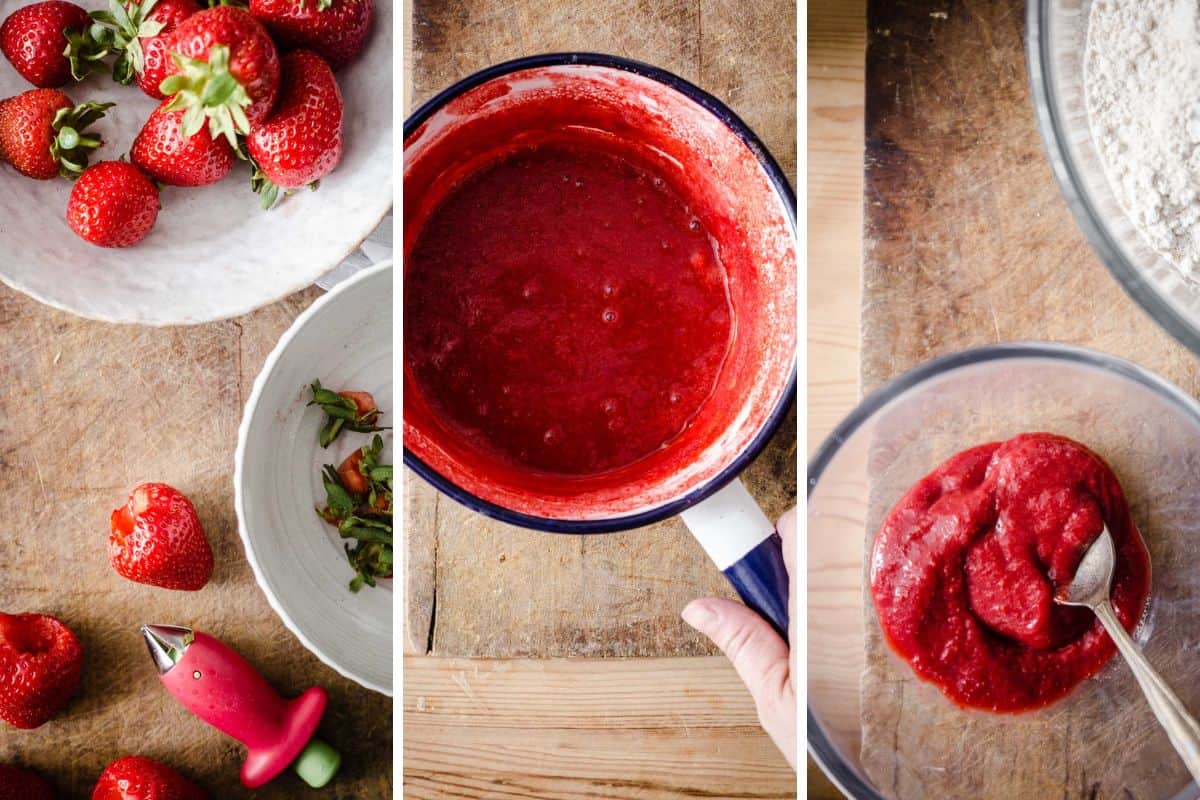 Strawberries hulled, blended and in saucepan then thick and reduced.