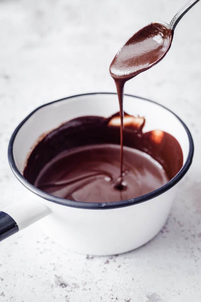 chocolate sauce in a saucepan with a spoon dripping some into it.