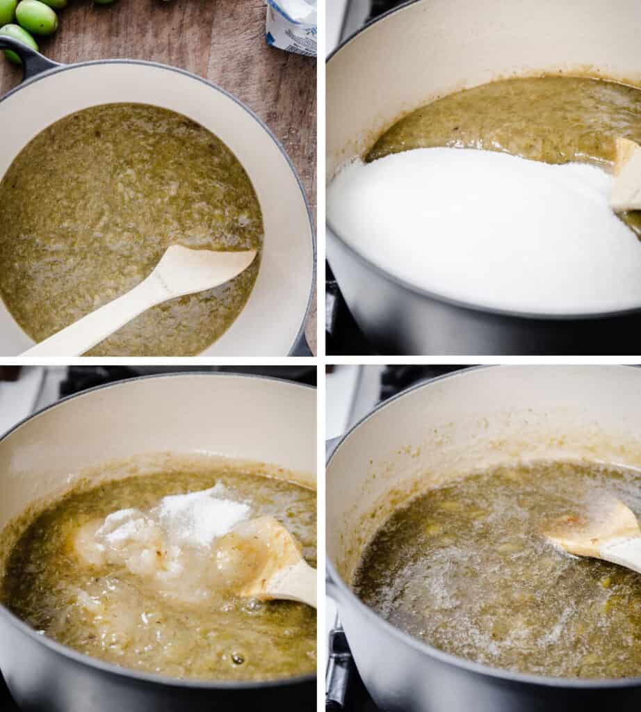 Four images of Green Plum Jam boiling in a preserving pan