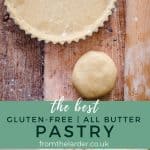 Pin image of gluten-free pastry and a slice of quiche with text overlay