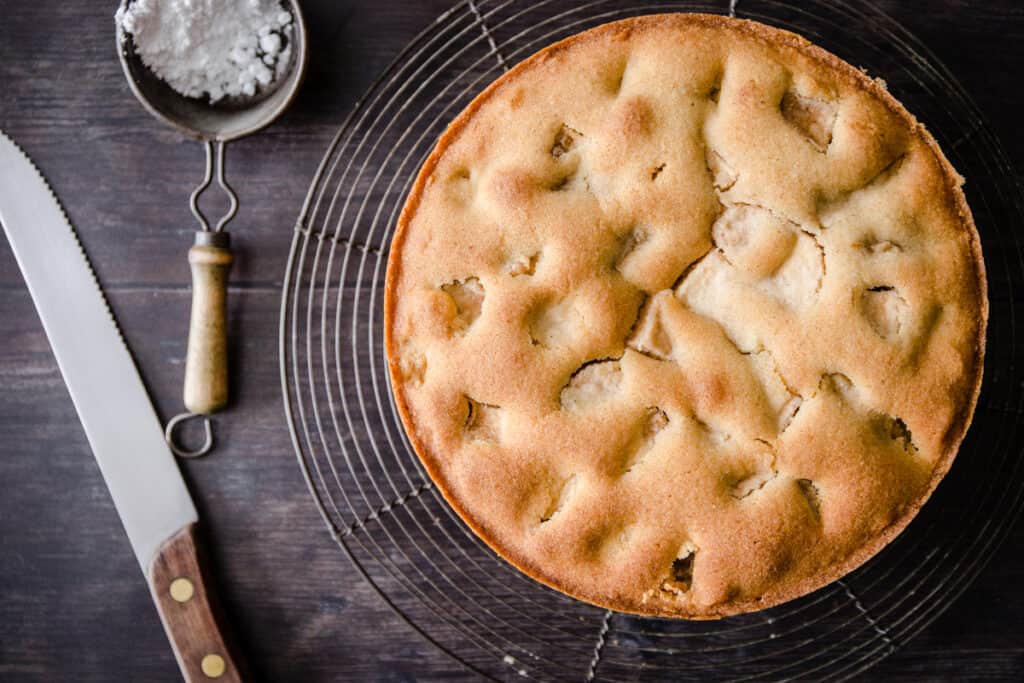 Apple cake on a cooling rack next to a knife and a sifter of icing sugar 