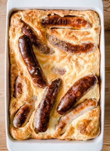 Toad in the Hole in a roasting dish