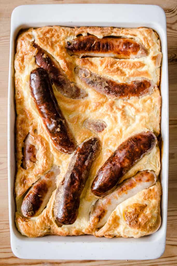 Toad in the Hole in a roasting dish