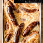 Pinnable image for Gluten-Free Toad in the Hole. Roasting dish full of Toad in the Hole with title text at the top