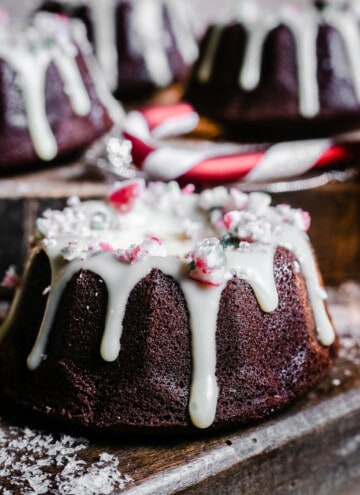 Close up of Mini Chocolate Bundt Cakes with Peppermint
