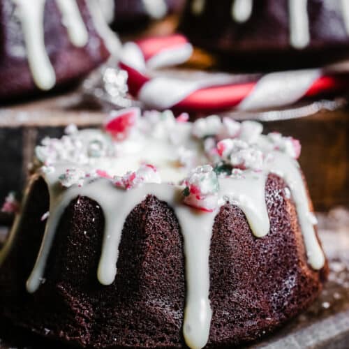 Close up of Mini Chocolate Bundt Cakes with Peppermint
