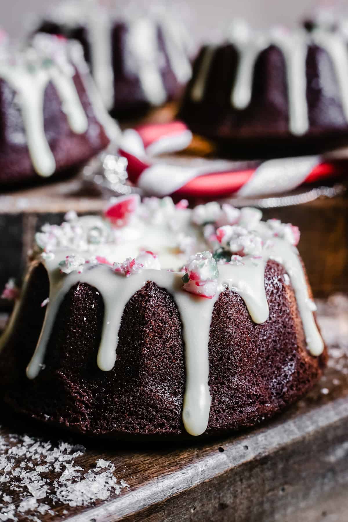 Close up of Mini Chocolate Bundt Cakes with Peppermint