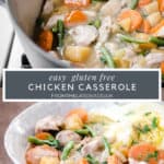 Pin Image of chicken casserole. Two images. One of casserole in a pot, the other of the casserole in bowl. With title text in between.