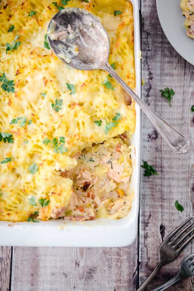 Cheesy Salmon Fish Pie with Bacon - From The Larder