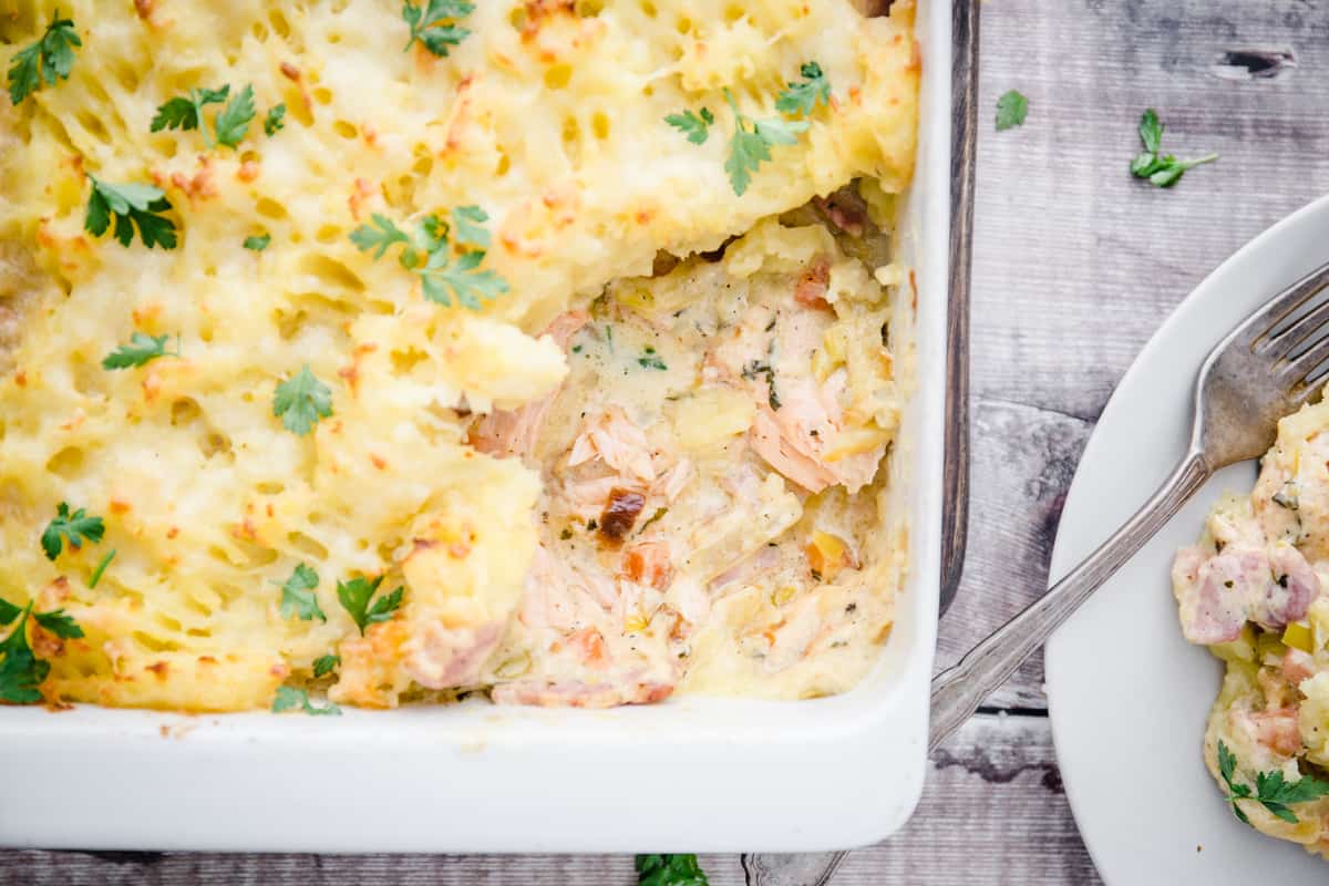 Cheesy Salmon Fish Pie with Bacon - From The Larder