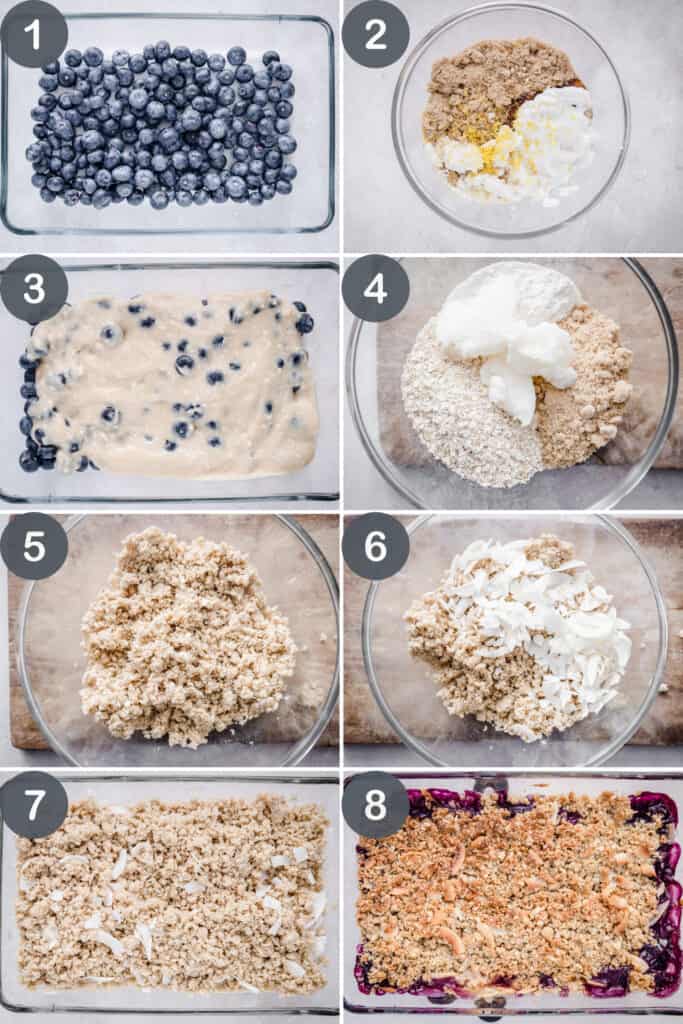 A series of 8 images showing the step by step process of making a Coconut Crisp