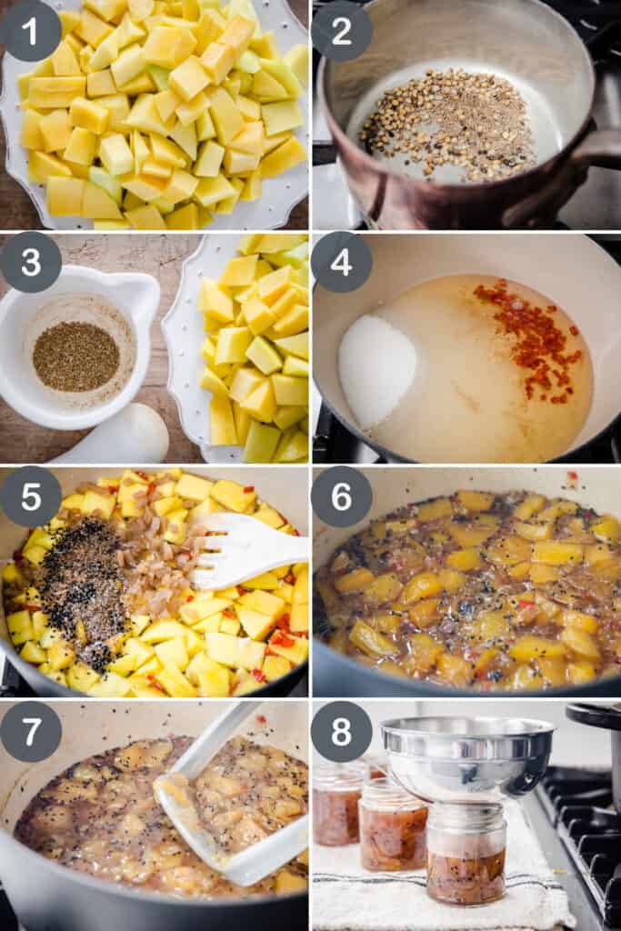 8 images showing the step by step process of making Mango Chutney