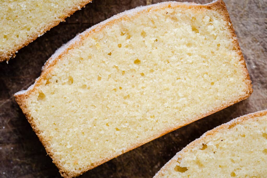 close up of a slice of Rice Flour Madeira Cake