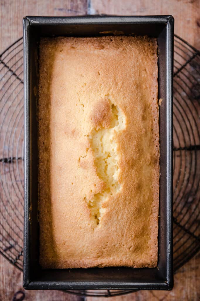 Rice Flour Madeira Cake in a cake tin