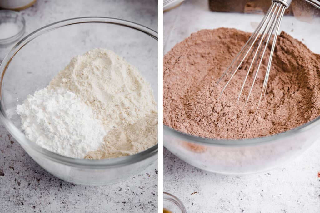 2 images of mixing the dry ingredients for fudge cake