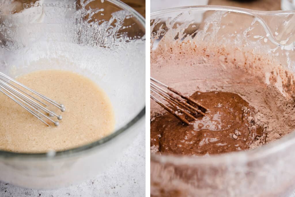 2 images of mixing cake batter for fudge cake