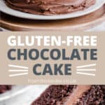 Pin image of Gluten Free Chocolate Fudge Cake showing whole cake and also close up of a slice with title text in between