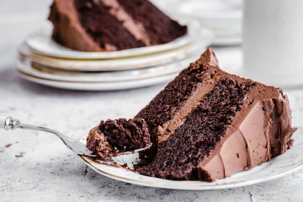 chocolate cake on a plate with a fork