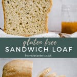pin image of 2 angles of gluten free bread on a cloth on a wooden board with title text in the middle
