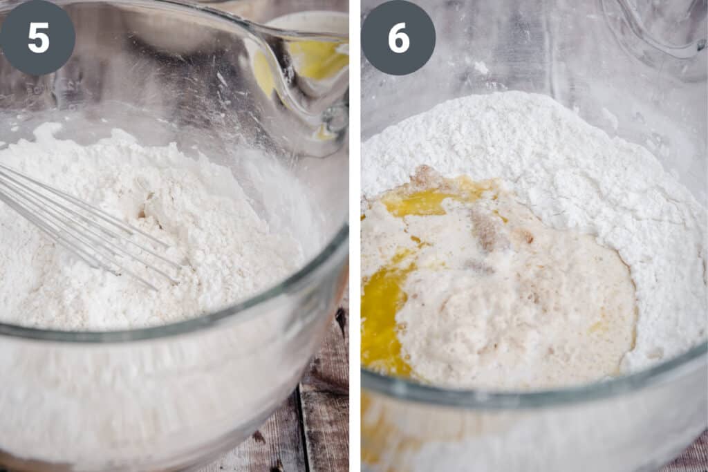 process images of bread mixture in a glass bowl