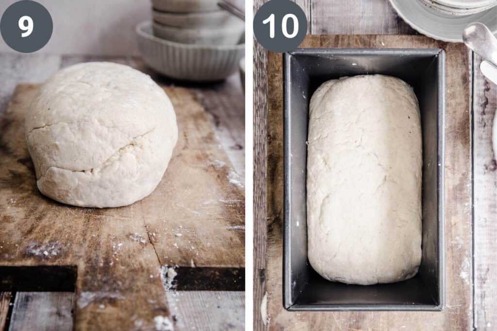 bread dough on a wooden board and then in a bread tin