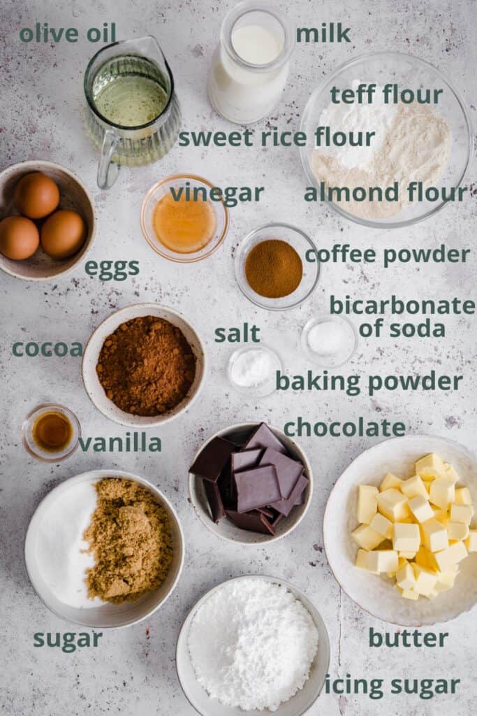 ingredients for Gluten Free Chocolate Fudge Cake