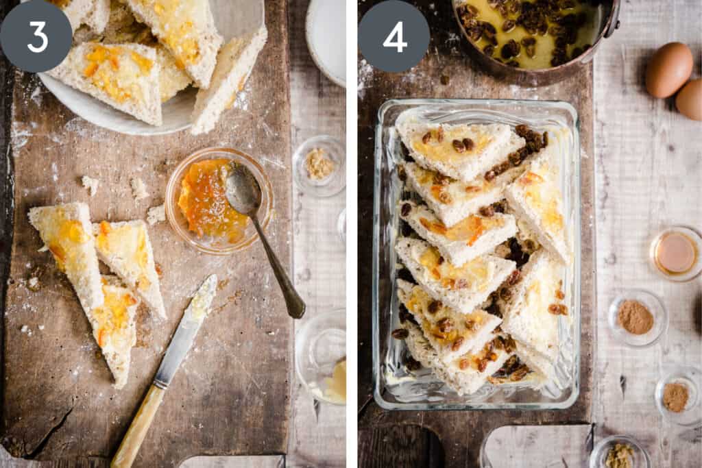 Two images of the process of making bread and butter pudding. One with bread with butter and marmalade, the other of the ingredients assembled in a dish
