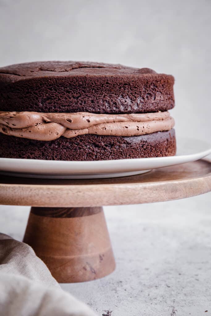 chocolate cake on wooden board