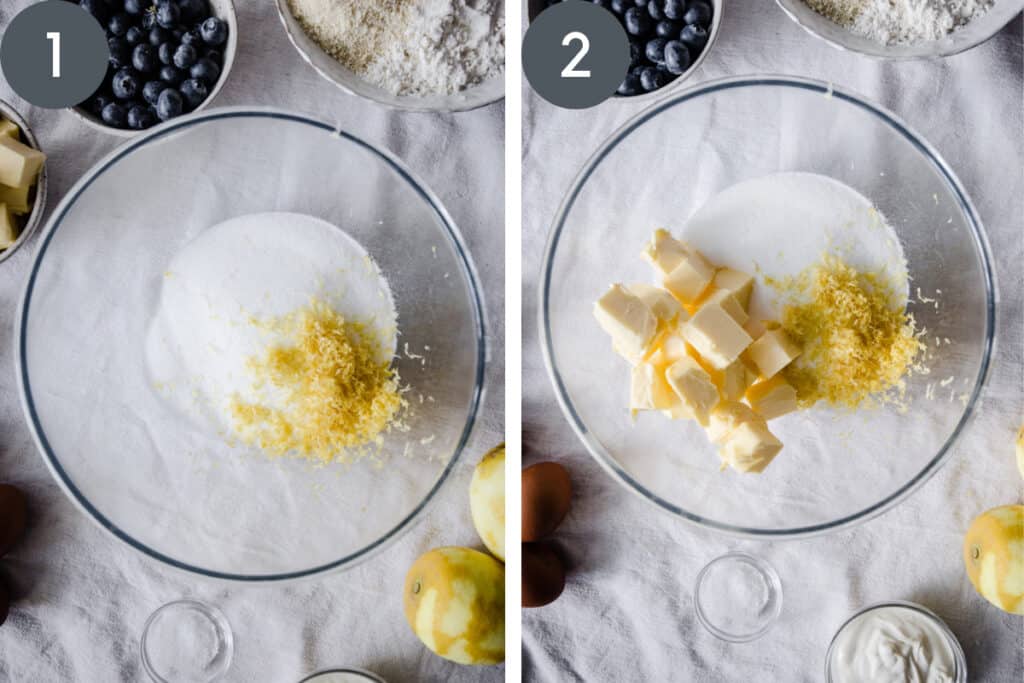 Two images showing cake ingredients in a bowl