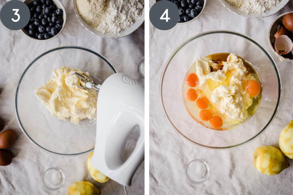 Two images showing process of making lemon blueberry cake