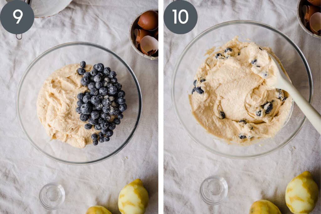 Two images showing blueberries being added to cake batter in a bowl