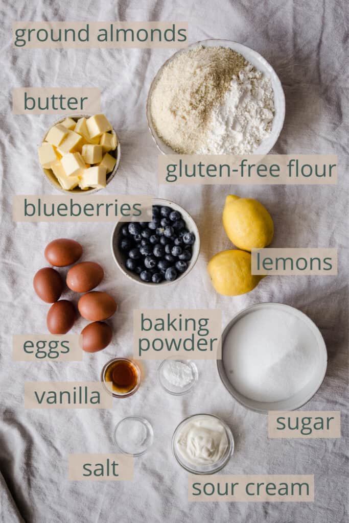 lemon blueberry cake ingredients on a table