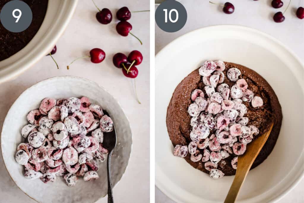 process images of stirring cherries into cake batter