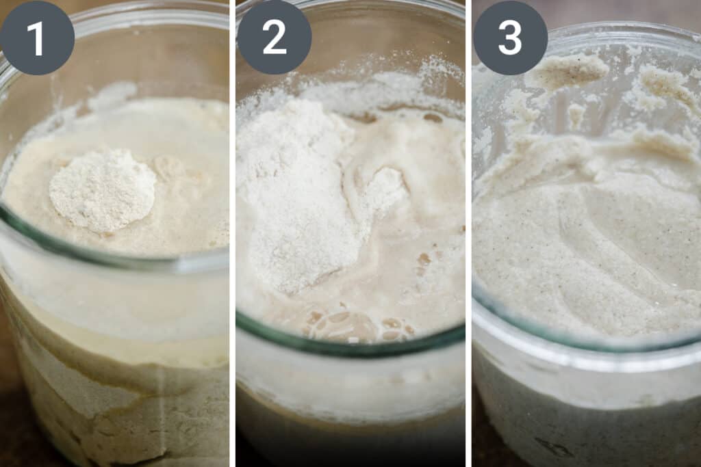 feeding a sourdough starter PROCESS images - adding and stirring flour into jar