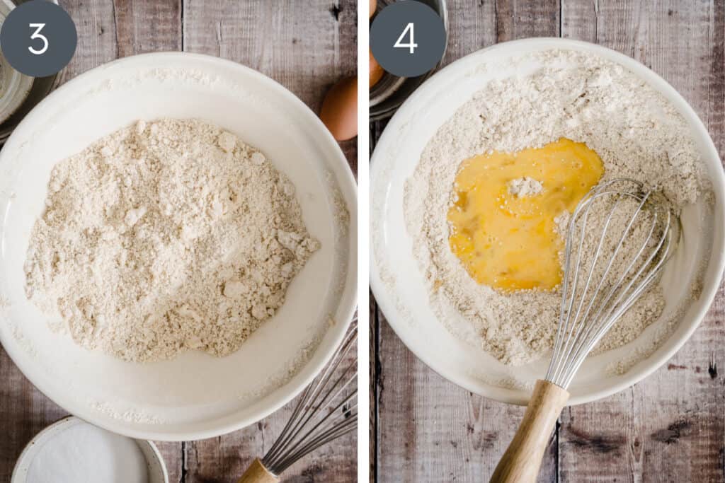 Two images showing pastry ingredients being mixed in a bowl