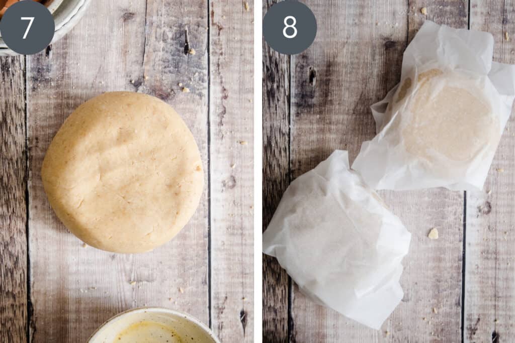 Two images showing pastry dough unwrapped and wrapped