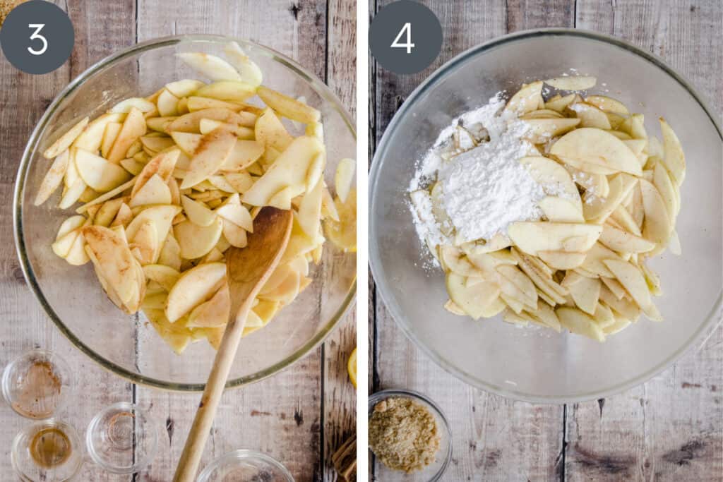 Two images showing apple pie ingredients being mixed in a bowl
