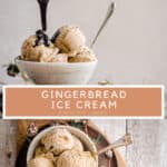 GINGERBREAD ICE CREAM PIN with two images of treacle into ice cream and ice cream from above