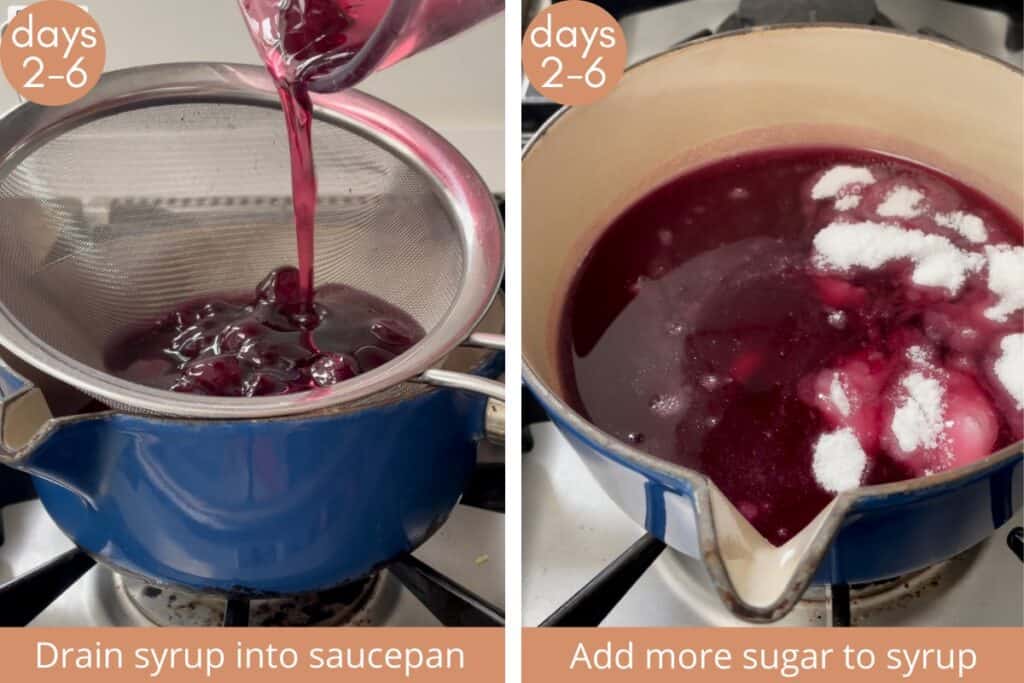 Two images showing cherries being drained into saucepan and syrup being made.